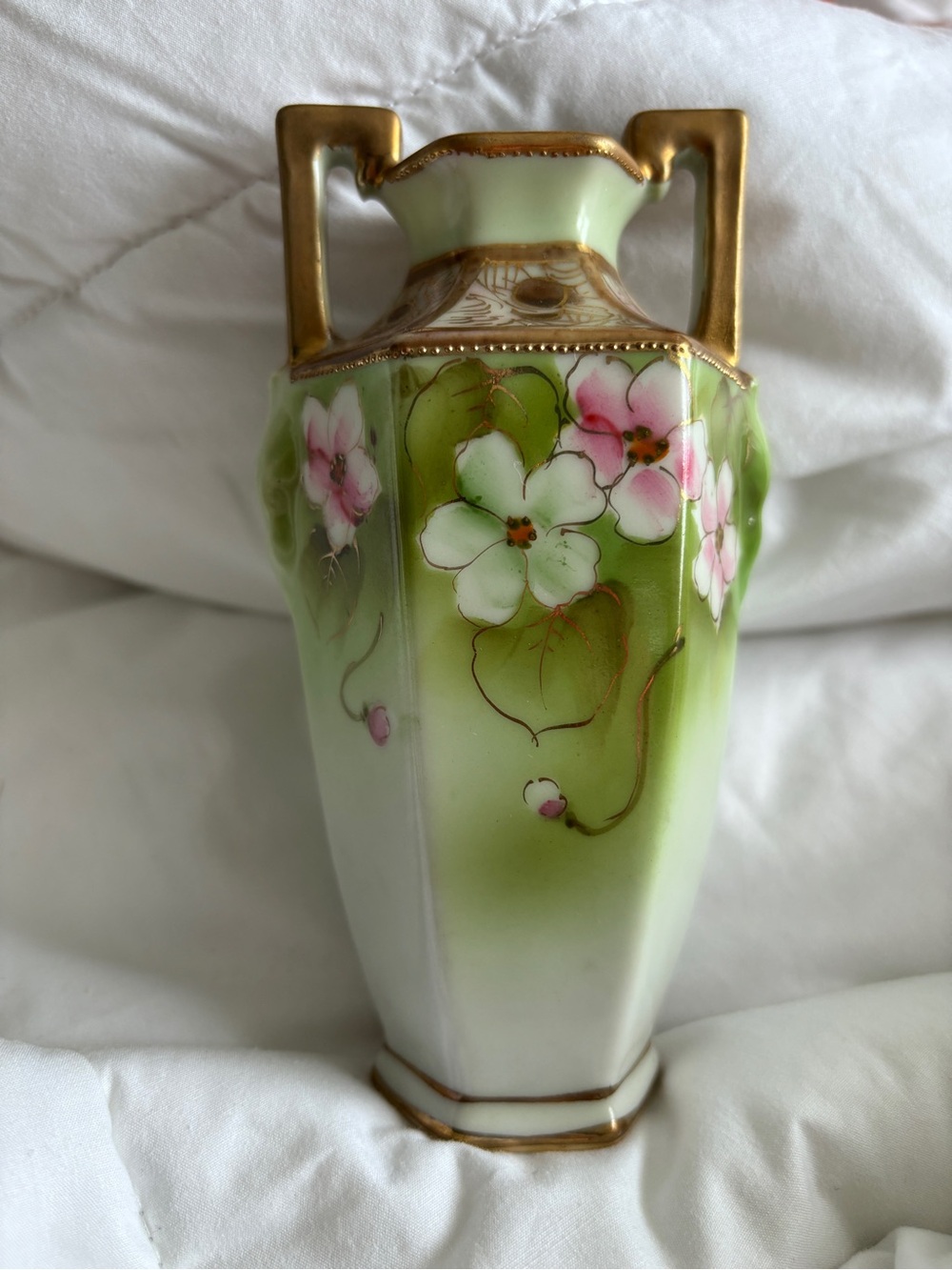 VTG Nippon Hand Painted Floral Porcelain Vase Green Pink Gold Accents 6 sided